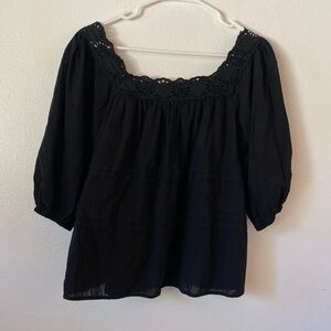 Black Peasant Blouse with Crochet Neckline - Women's Top